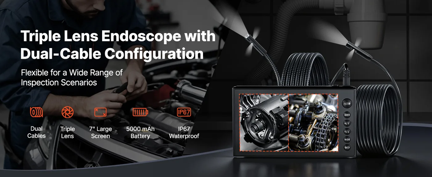 VEVOR Triple Lens Endoscope with Dual-Cable Setup 7 inch overview