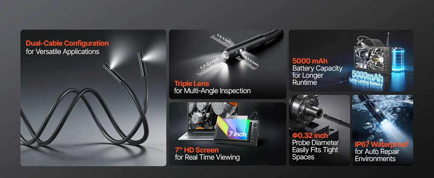 VEVOR Triple Lens Endoscope with Dual-Cable Setup 7 inch Performance Highlights