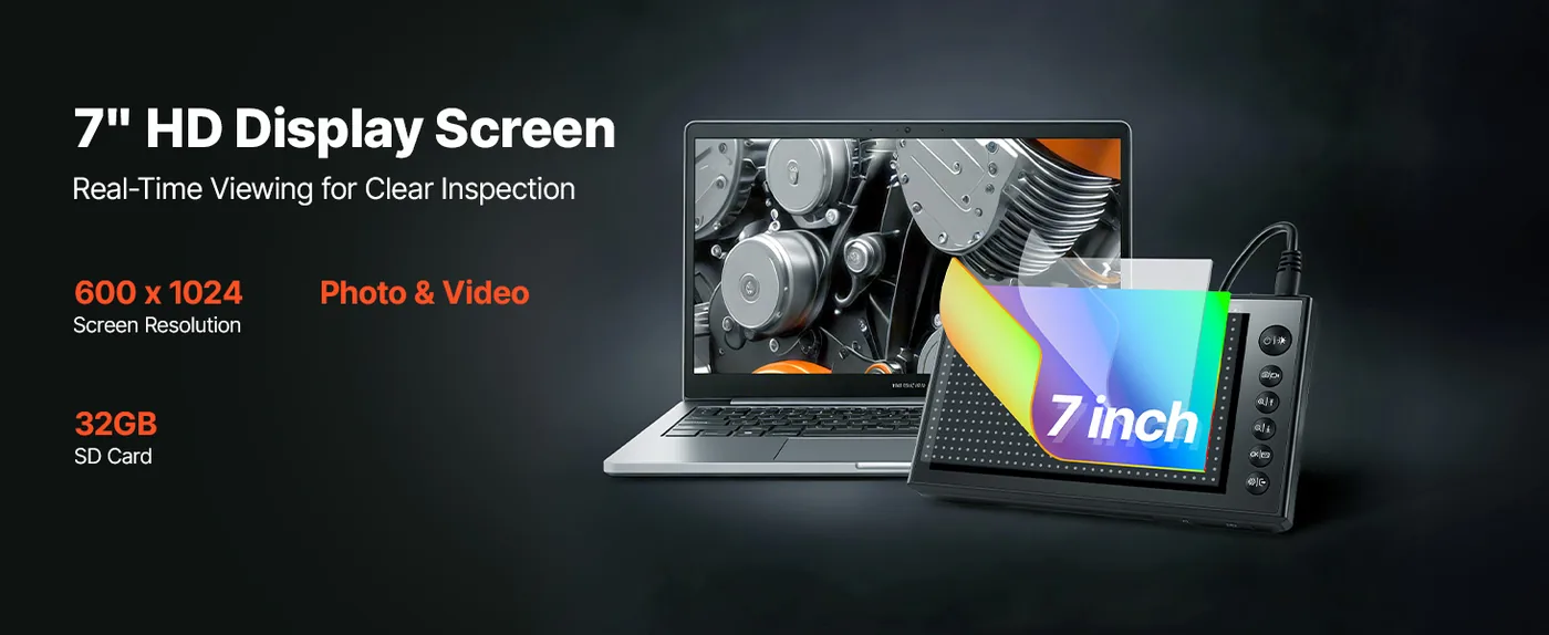 VEVOR Triple Lens Endoscope with Dual-Cable Setup 7 inch 7-Inch Split Screen