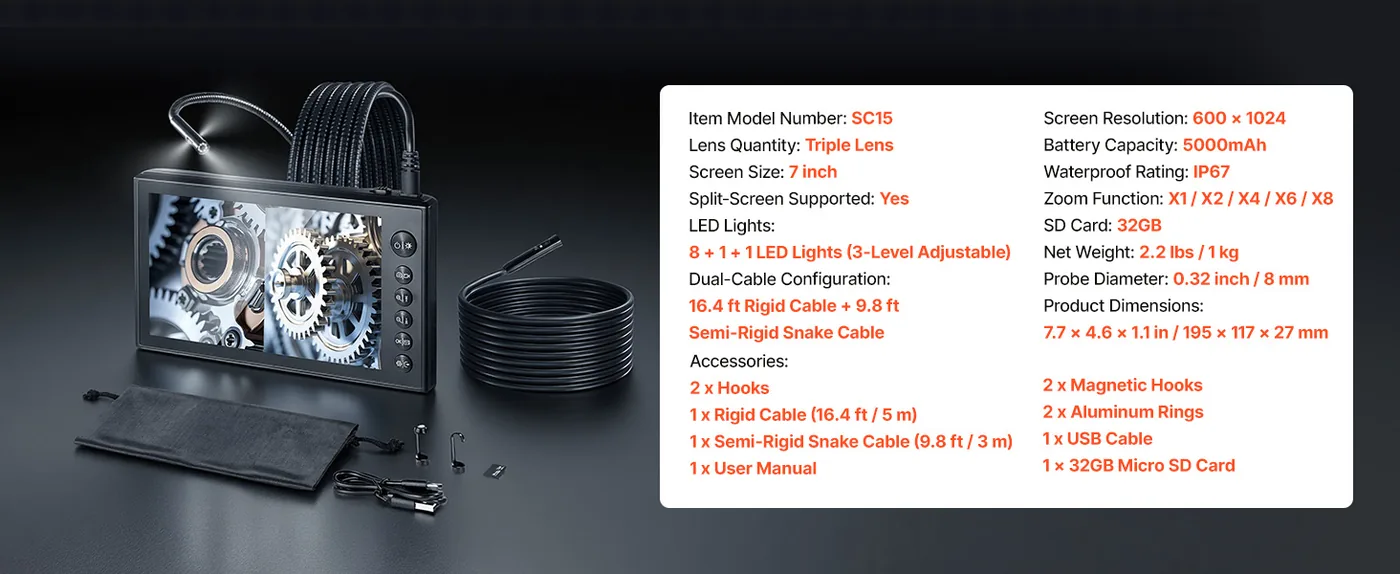 VEVOR Triple Lens Endoscope with Dual-Cable Setup 7 inch feature 1
