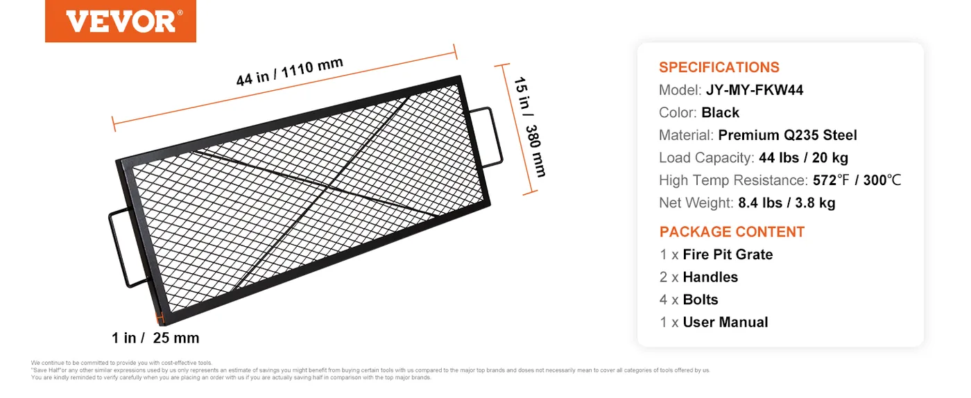 VEVOR X-Marks Fire Pit Grill Grate 44 x 15 in overview