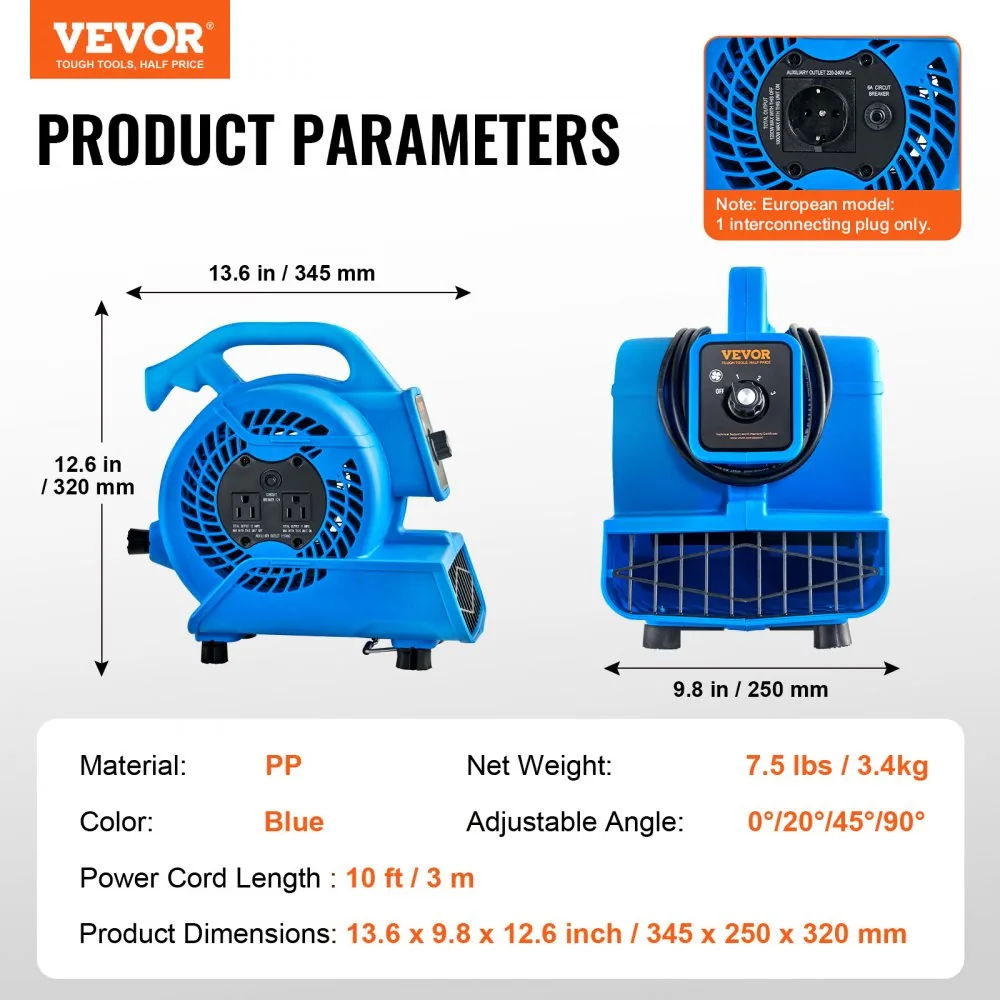 VEVOR Floor Blower 0°、 20°、45°、90° 1300 RPM product image 7