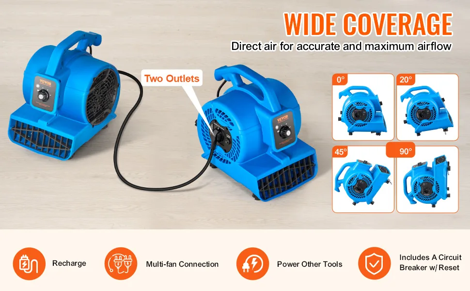 VEVOR Floor Blower 0°、 20°、45°、90° 1300 RPM feature 3