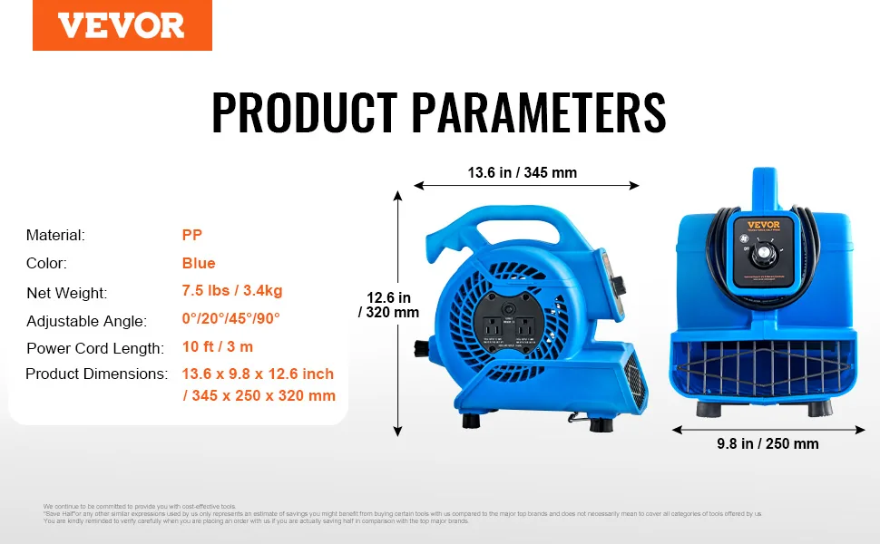 VEVOR Floor Blower 0°、 20°、45°、90° 1300 RPM feature 5