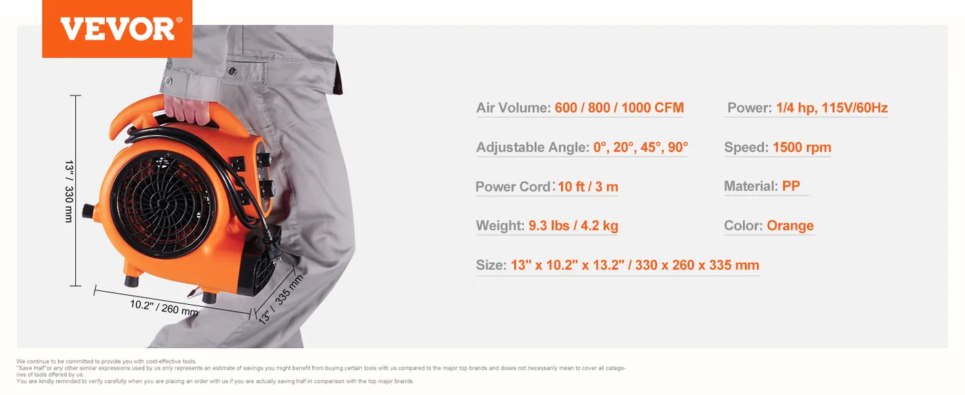 VEVOR Floor Blower 0&deg;、 20&deg;、45&deg;、90&deg; 1450 RPM feature 1