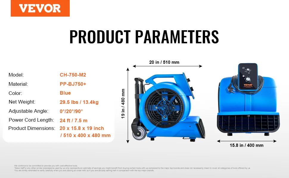 VEVOR Floor Blower 0&deg;、20&deg;、90&deg; 1550 RPM feature 5