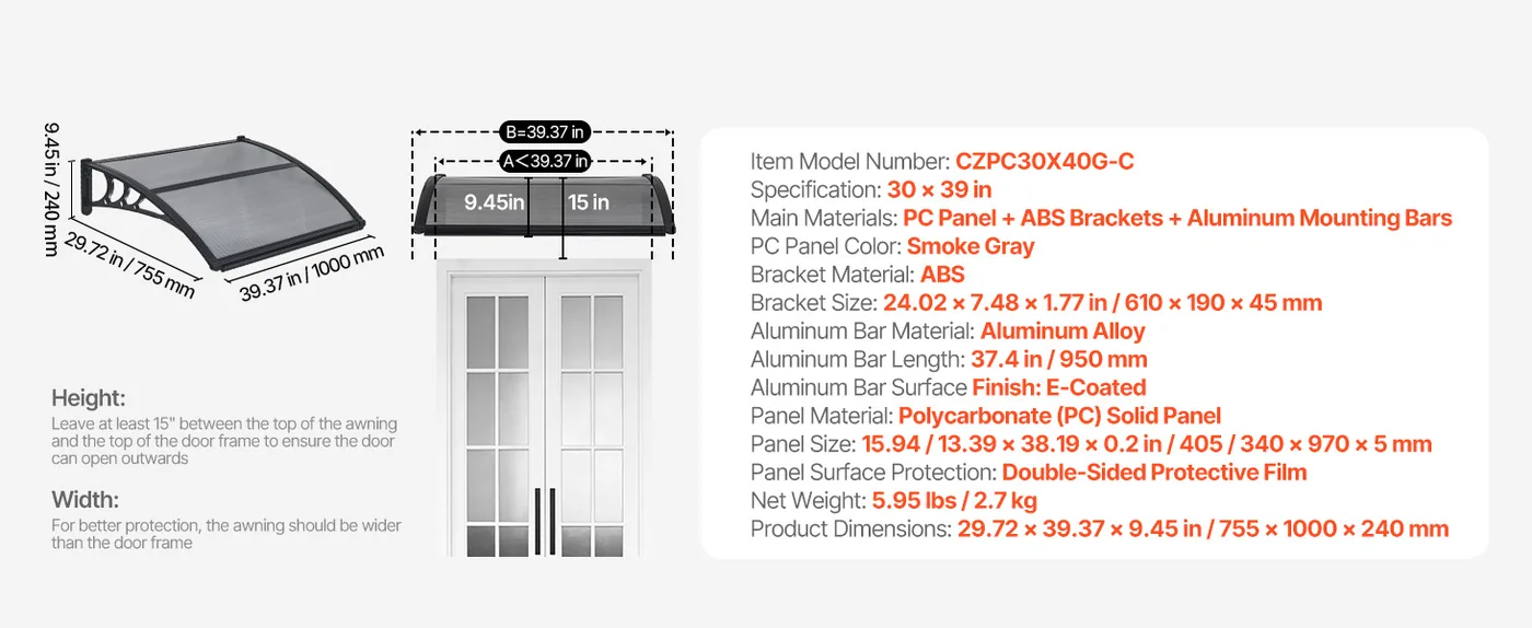 VEVOR Awnings for Door Entrance 30*40 inches Smoke Gray feature 1
