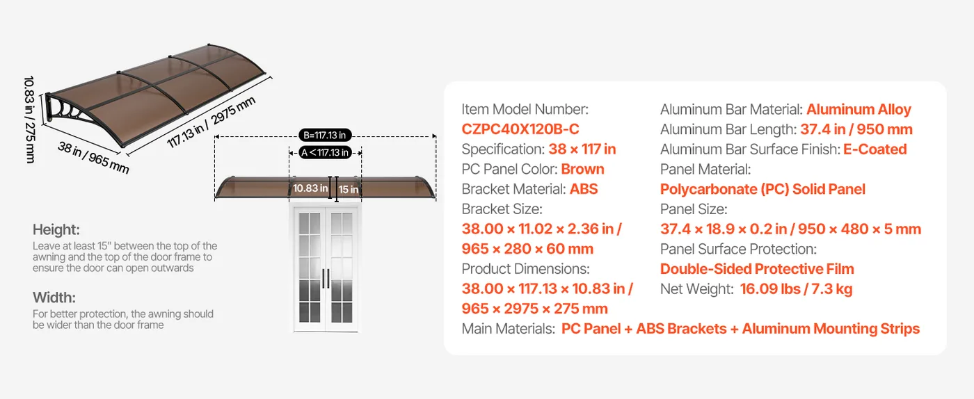 VEVOR Awnings for Door Entrance 40*120 inches Brown feature 1
