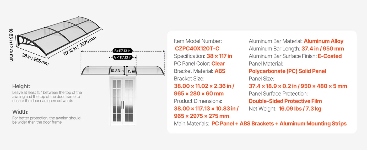 VEVOR Awnings for Door Entrance 40*120 inches Transparent feature 1