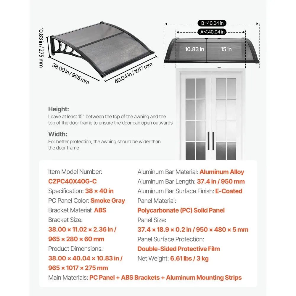 VEVOR Awnings for Door Entrance 40*40 inches Smoke Gray product image 7
