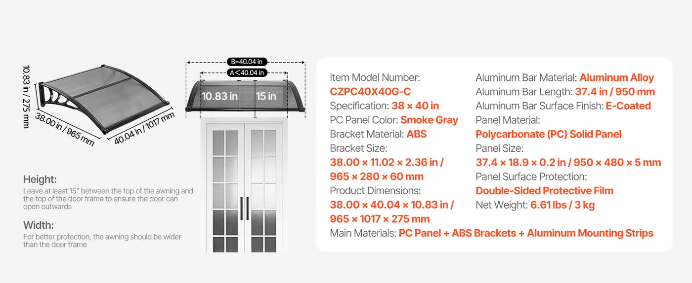 VEVOR Awnings for Door Entrance 40*40 inches Smoke Gray feature 1