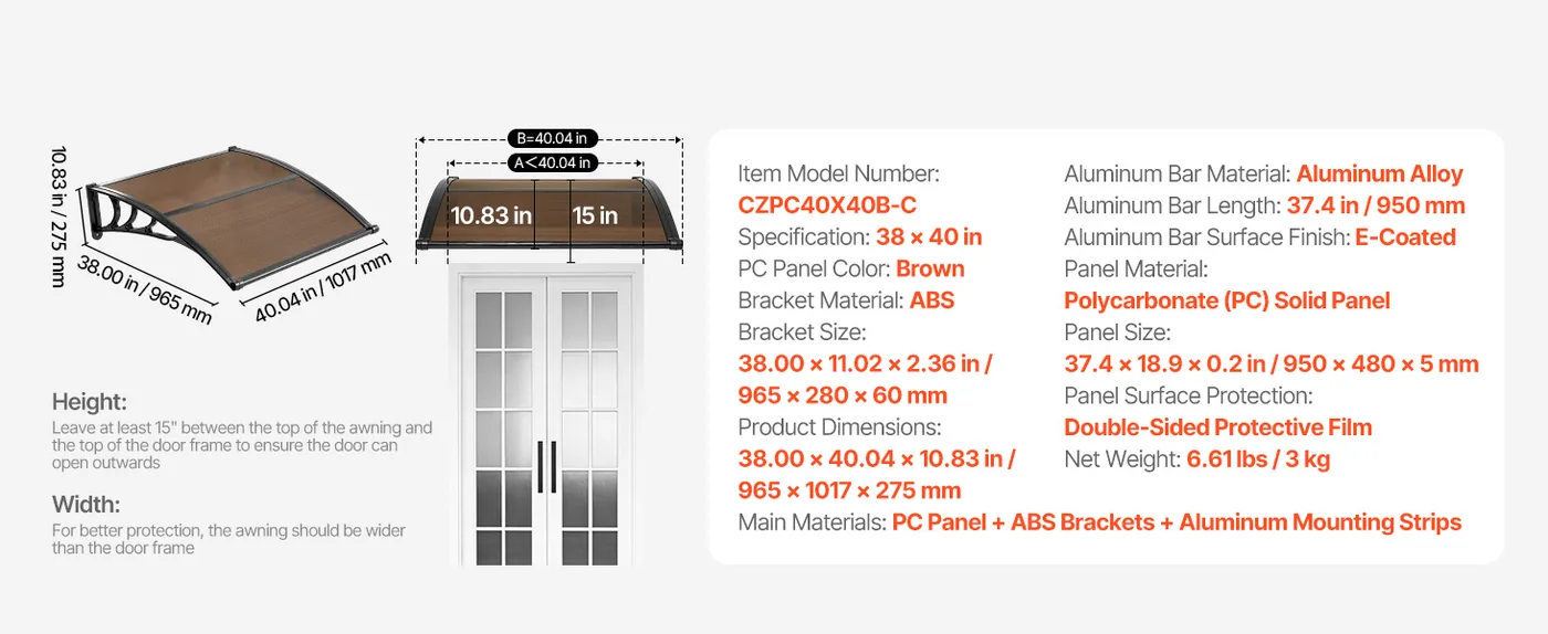 VEVOR Awnings for Door Entrance 40*40 inches Brown feature 1