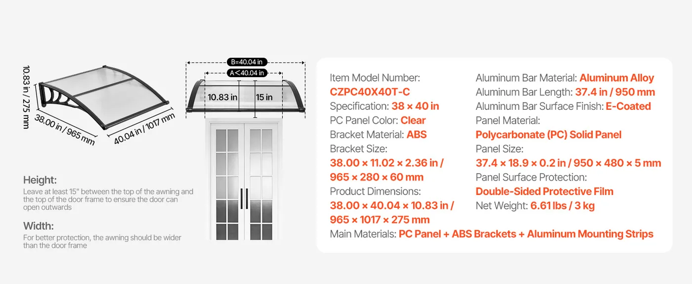 VEVOR Awnings for Door Entrance 40*40 inches Transparent feature 1