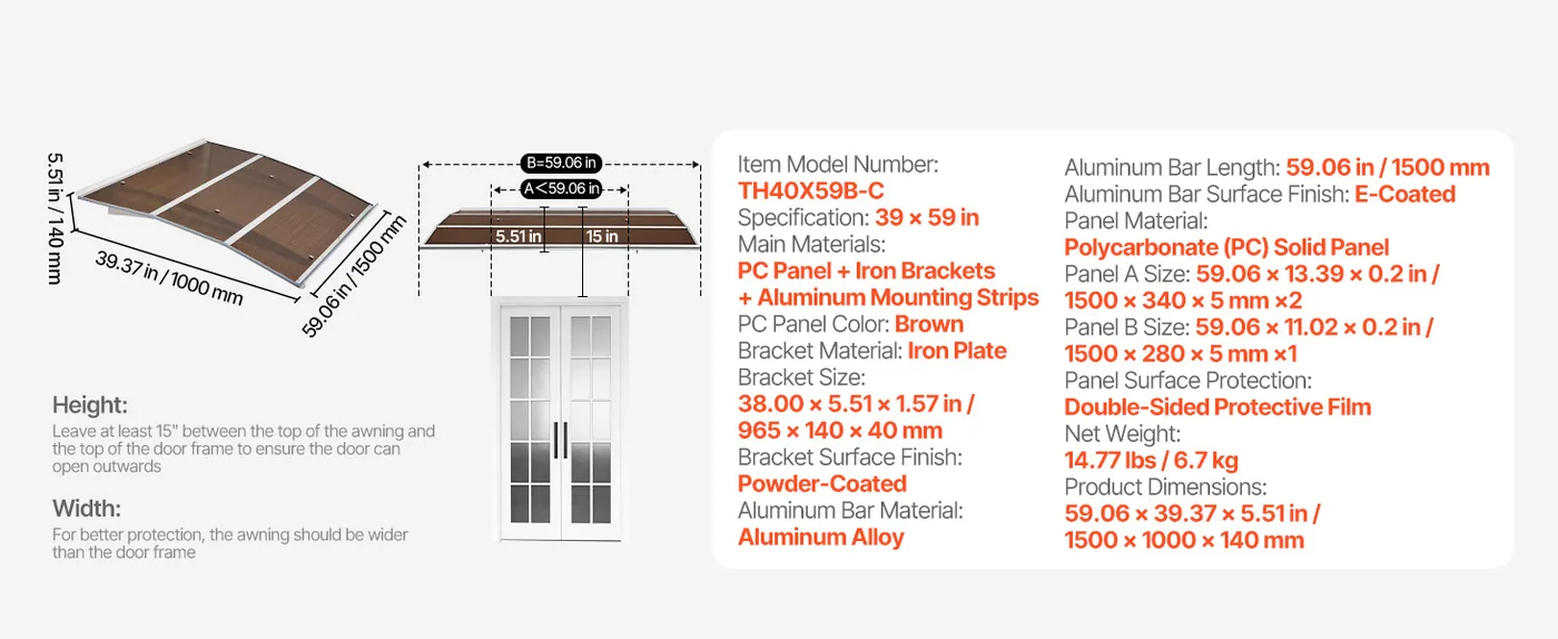 VEVOR Awnings for Door Entrance 40*59 inches Brown feature 1