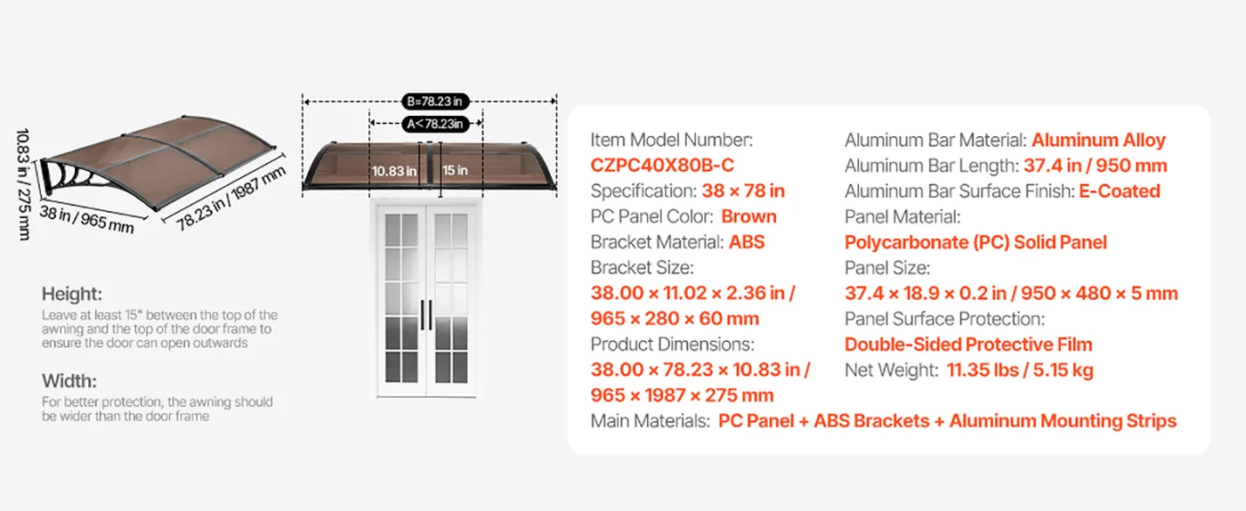 VEVOR Awnings for Door Entrance 40*80 inches Brown feature 1