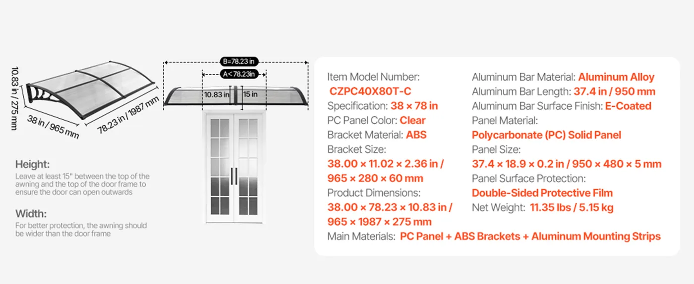 VEVOR Awnings for Door Entrance 40*80 inches Transparent feature 1