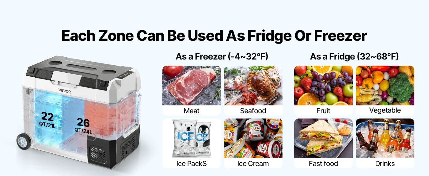 VEVOR Car Refrigerator 48QT Dual-Zone Temperature Control