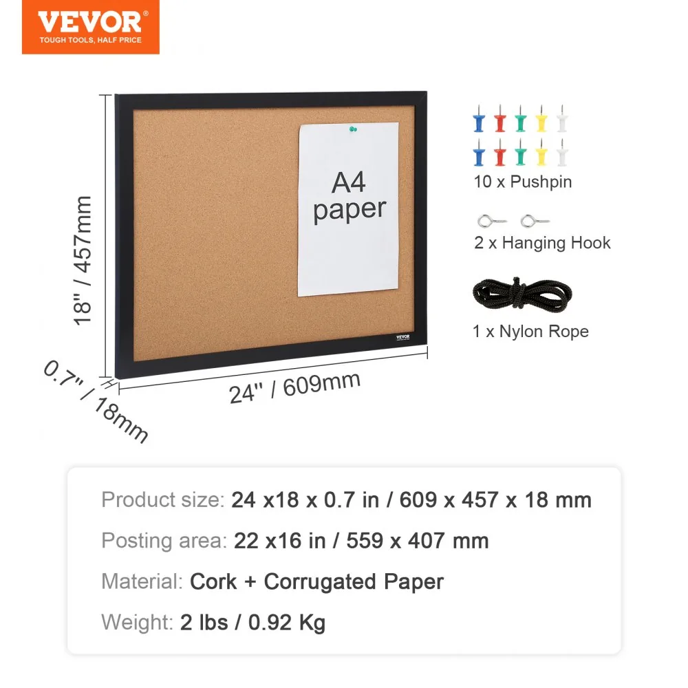 VEVOR 24 x 18 in Double-Sided Cork Board with Frame package contents