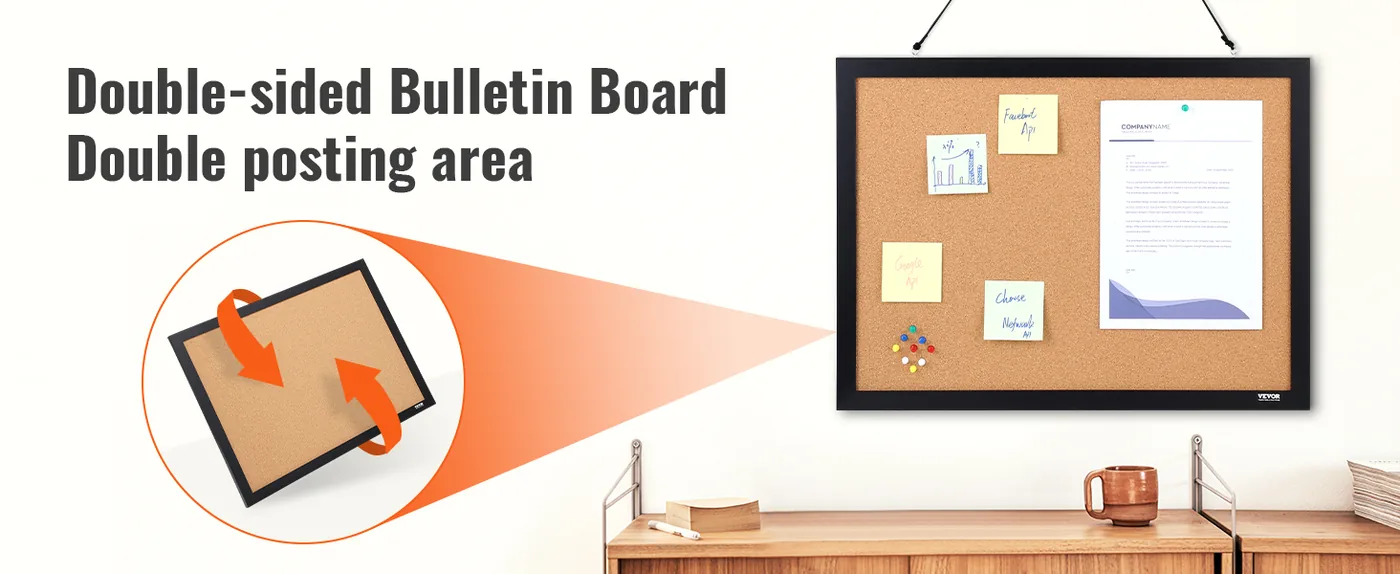 VEVOR 24 x 18 in Double-Sided Cork Board with Frame Twin Posting Area
