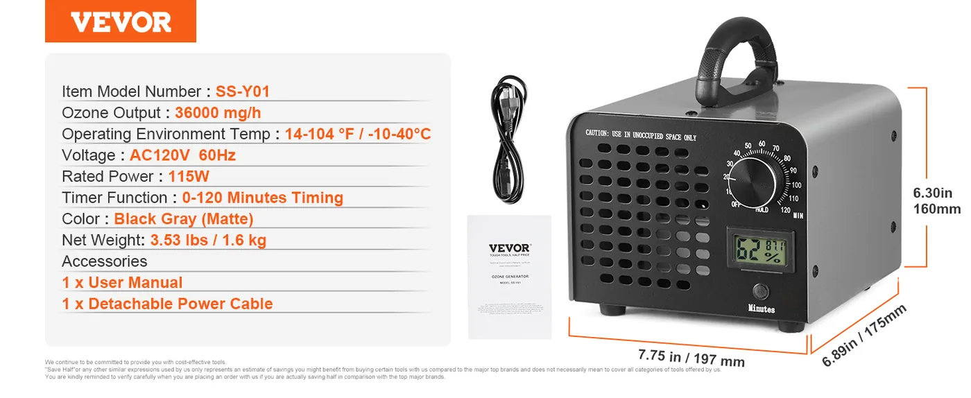 VEVOR ozone generator quartz tube durable build