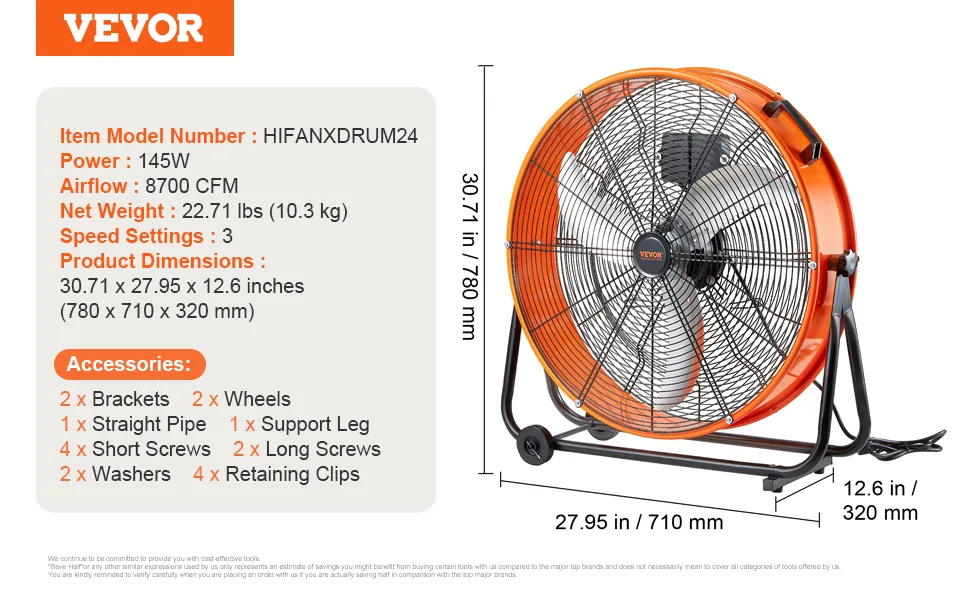 VEVOR Drum Fan 24 inch With Timer AC feature 5