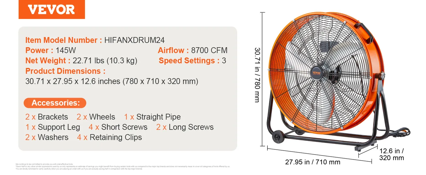 VEVOR Drum Fan 24 inch Without Timer AC feature 5