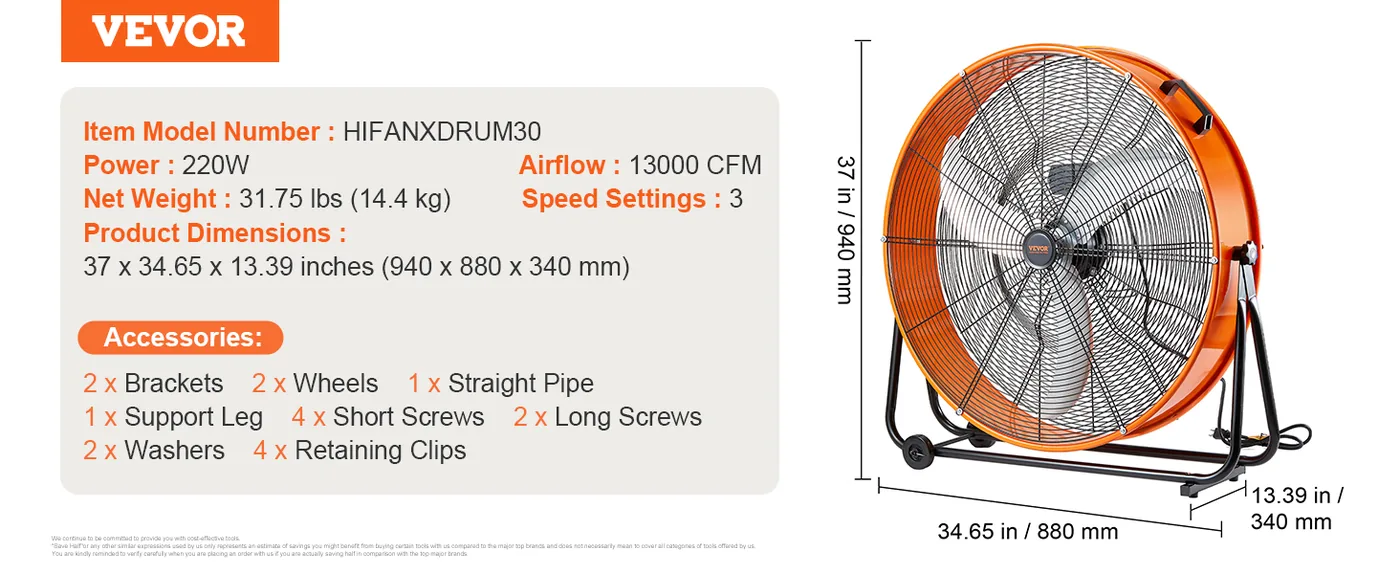 VEVOR Drum Fan 30 inch Without Timer AC feature 5