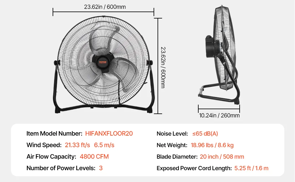 VEVOR 2 PCS Floor Fans 20 in 2 Pcs feature 5