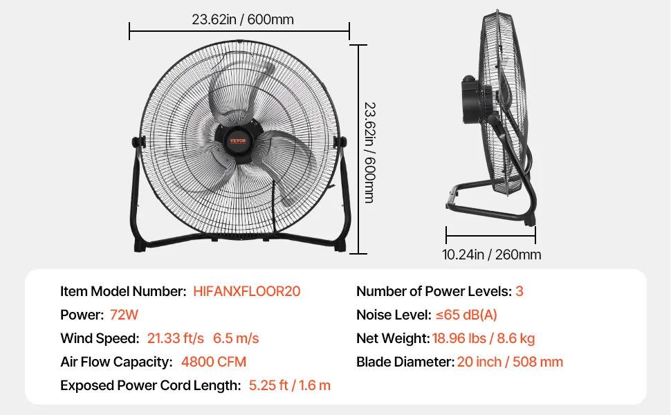 VEVOR Floor Fan 20 inch feature 5