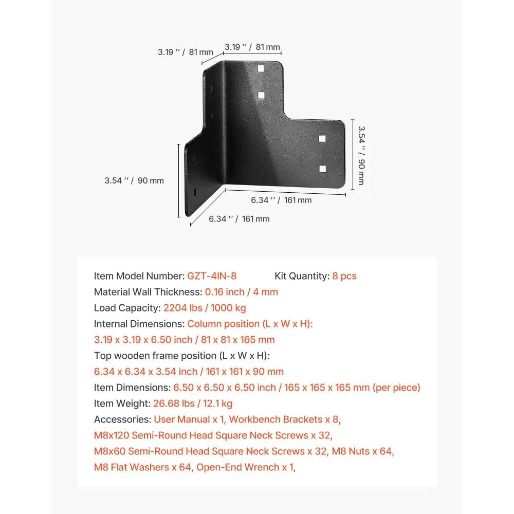 VEVOR Workbench Corner Bracket Kit 8 pcs/4*4 inch product image 7