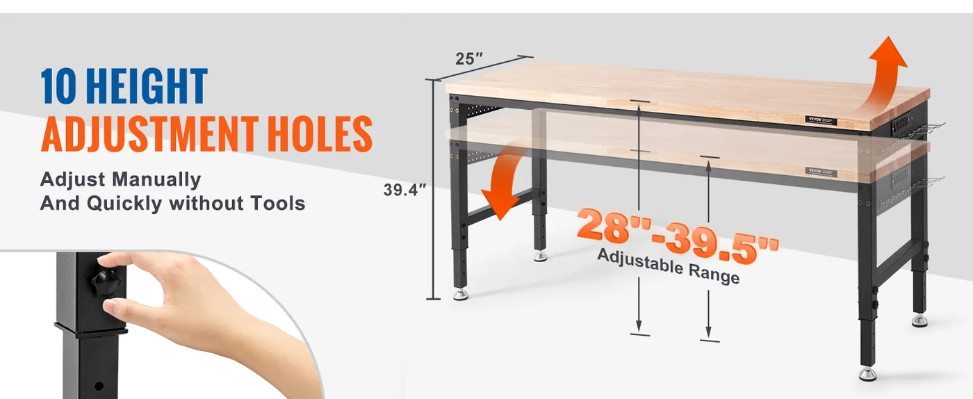 VEVOR Adjustable Workbench 72x25 inch feature 2