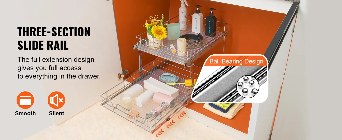 VEVOR 2 Tier 14"Wx21"Dx15"H Pull Out Cabinet Organizer 2 Lay Smooth Rail