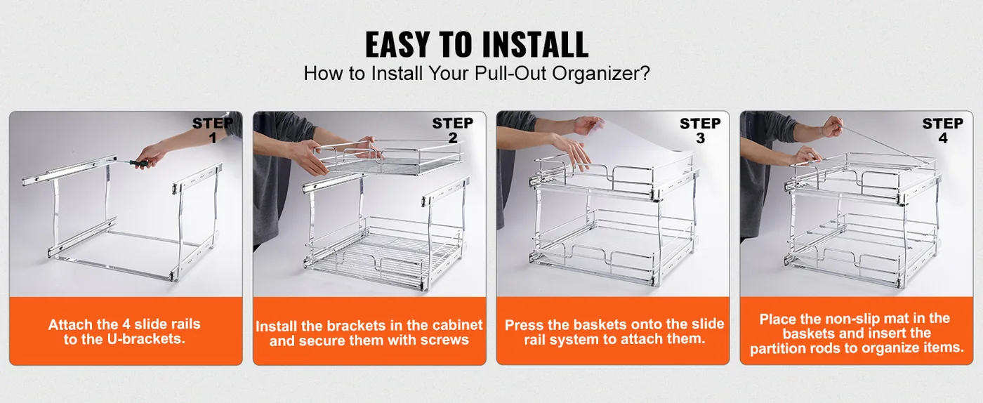 VEVOR 2 Tier 14"Wx21"Dx15"H Pull Out Cabinet Organizer 2 Lay 4-Steps Installation