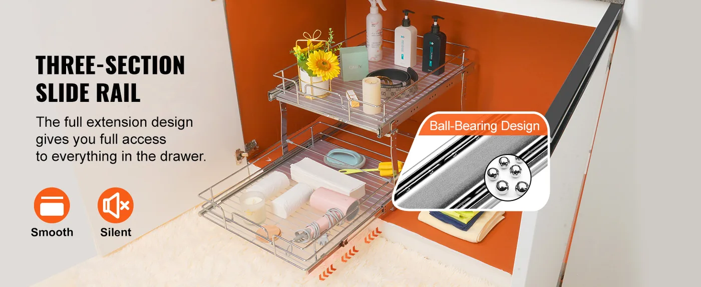 VEVOR 2 Tier 20"Wx21"Dx15"H Pull Out Cabinet Organizer 2 Lay Smooth Rail