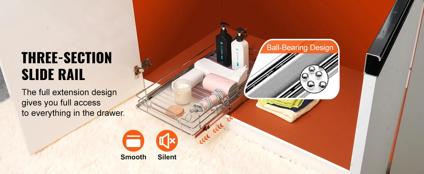 VEVOR 12.5"Wx16.5"Dx3.5"H Pull Out Cabinet Organizer 1 Layer Smooth Rail