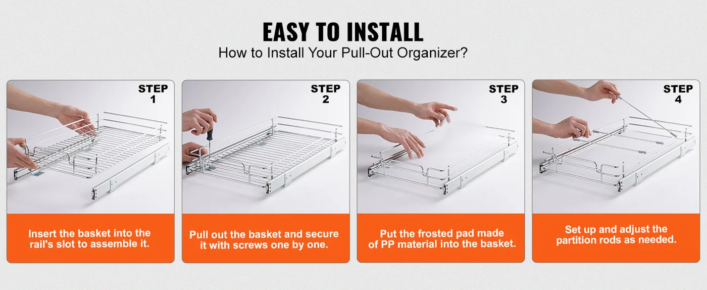 VEVOR 12.5"Wx16.5"Dx3.5"H Pull Out Cabinet Organizer 1 Layer 4-Steps Installation