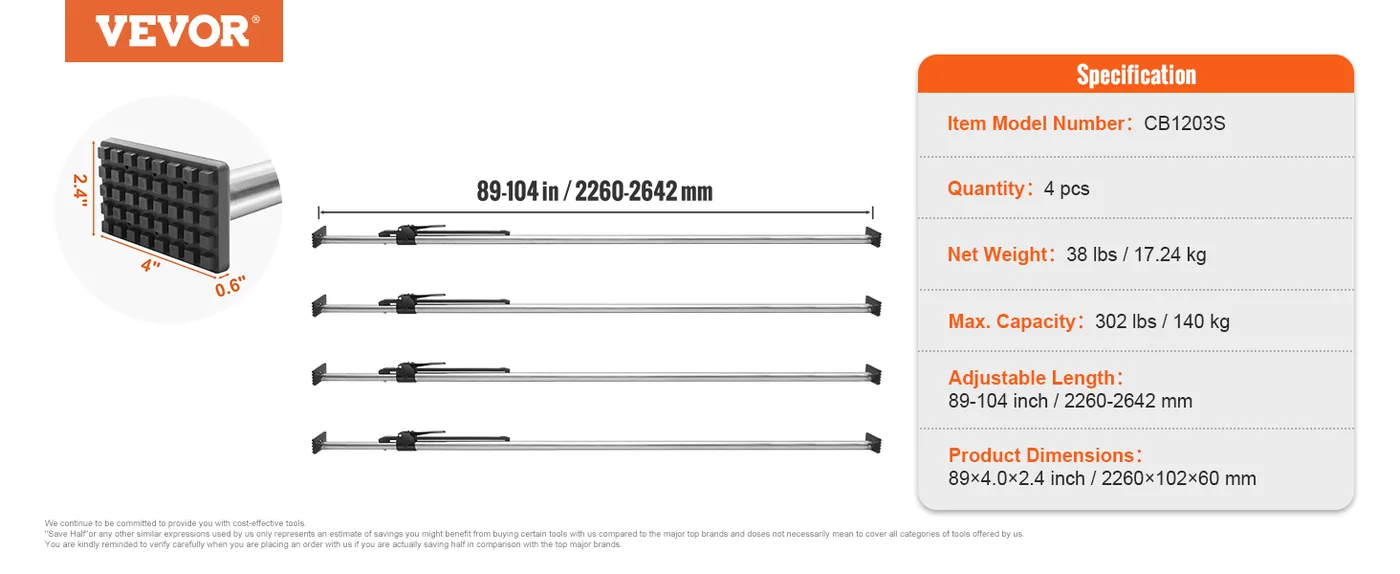 VEVOR Cargo Bar 89-104inch Telescopic round pipe 4PCS feature 4