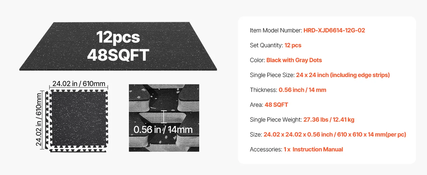 VEVOR Puzzle Exercise Mat 0.56 inch 12 pcs Grey Dot On Black feature 1