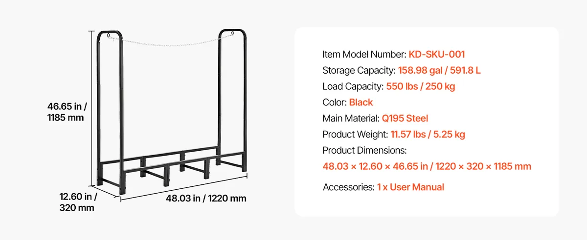 VEVOR 4ft firewood rack product details