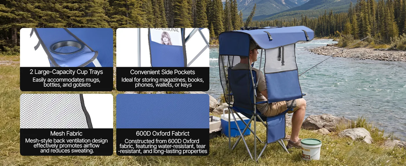 VEVOR Camping Chair with Canopy Shade 330 lbs Deep Blue Storage Convenience
