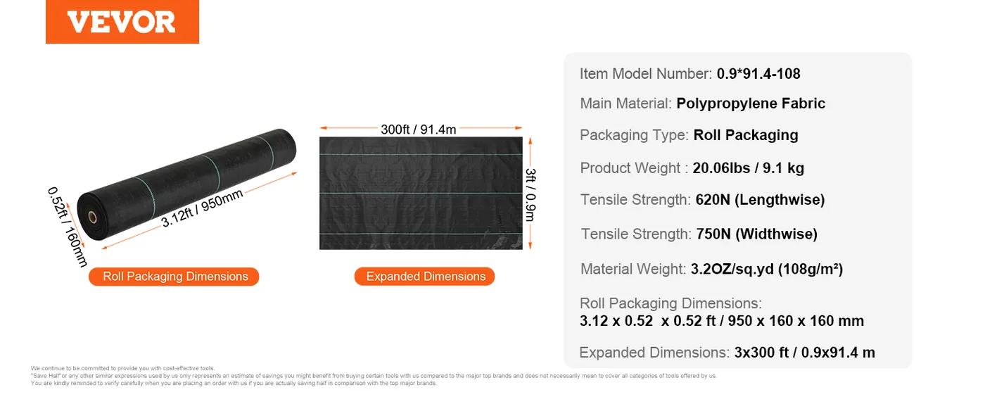 VEVOR 3 x 300 ft weed barrier landscape fabric overview
