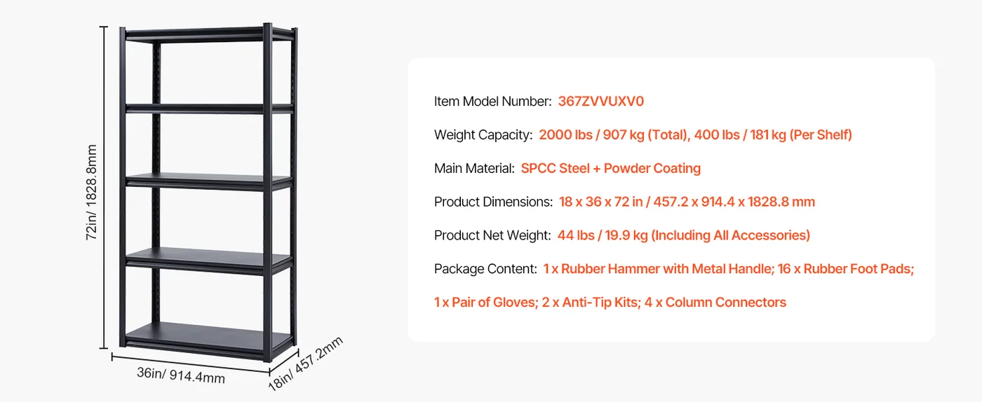 VEVOR Storage Shelves 18x36x72 inch 5-Tier 400 lbs/Shelf feature 1
