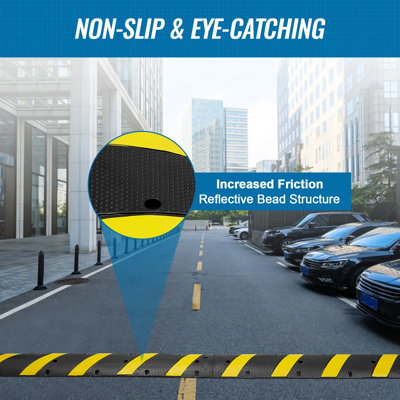 VEVOR 2PCs 6 ft/72'' Rubber Speed Hump 72.05x11.81x1.77 in Rubber speed bumps are crafted from high-quality rubber, with less odor, excellent wear resistance, and high impact resistance, which is not easy to damage.