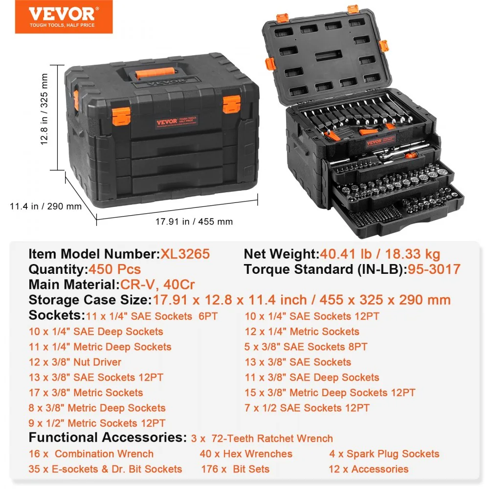 VEVOR Mechanics Tool Set and Socket Set 450 Pcs 1/4", 3/8" product image 7