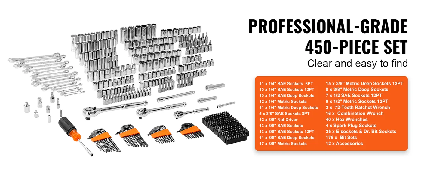 VEVOR Mechanics Tool Set and Socket Set 450 Pcs 1/4", 3/8" feature 1