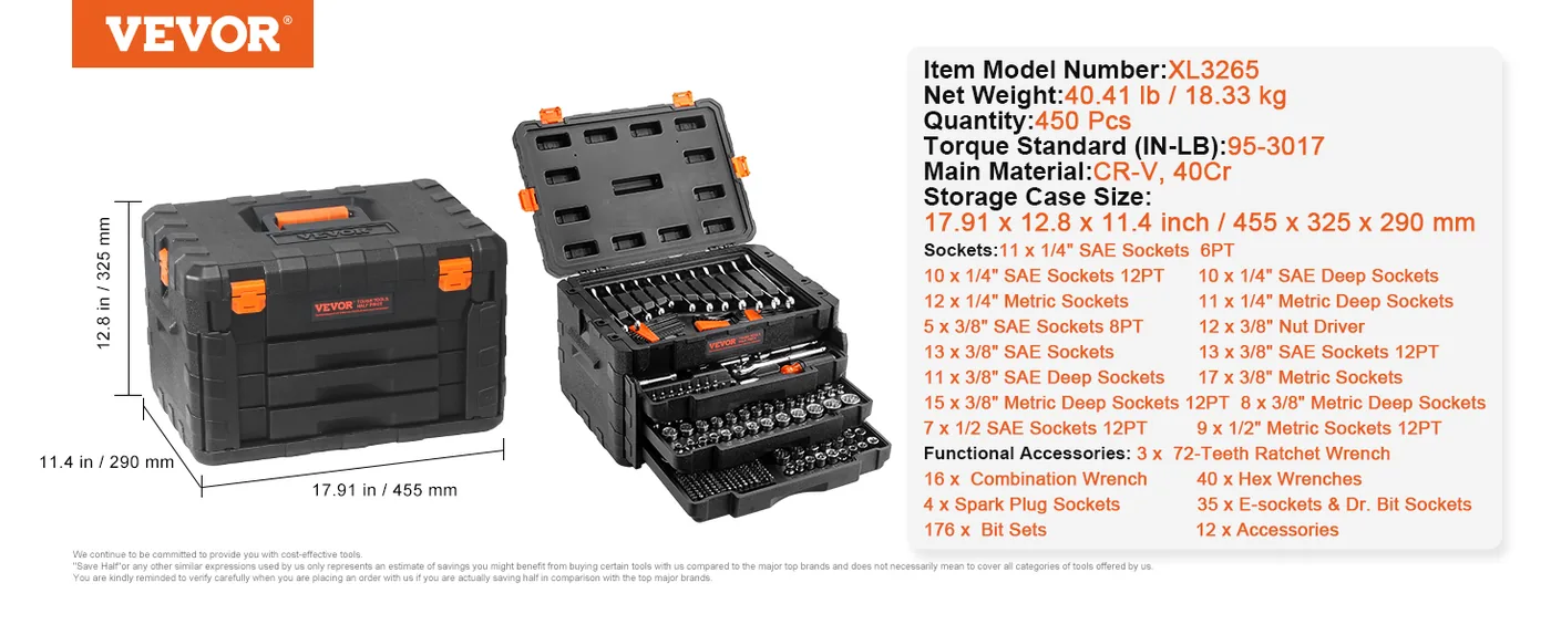 VEVOR Mechanics Tool Set and Socket Set 450 Pcs 1/4", 3/8" feature 5
