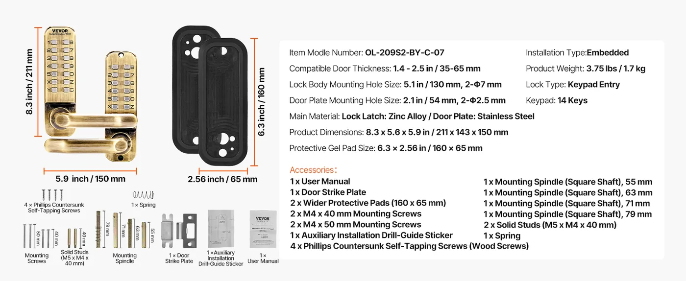 VEVOR Mechanical Keyless Entry Door Lock Oil Rubbed Bronze feature 5