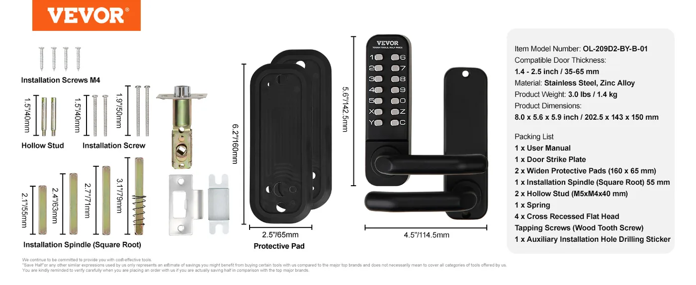 VEVOR Mechanical Keyless Entry Door Lock Black Handle Single feature 5