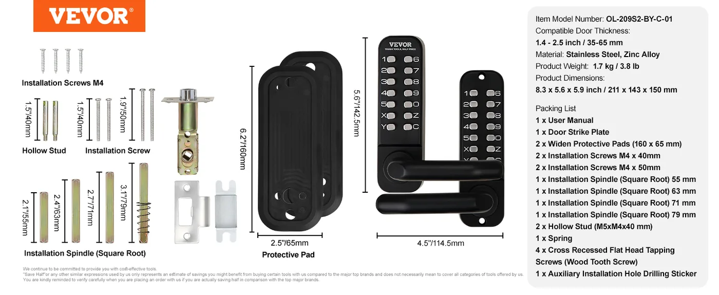 VEVOR Mechanical Keyless Entry Door Lock Black Handle Double feature 5