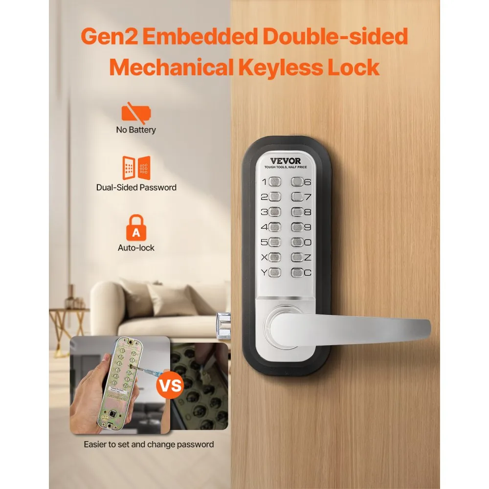 VEVOR Mechanical Keyless Entry Door Lock Silver Handle Doubl product image 2